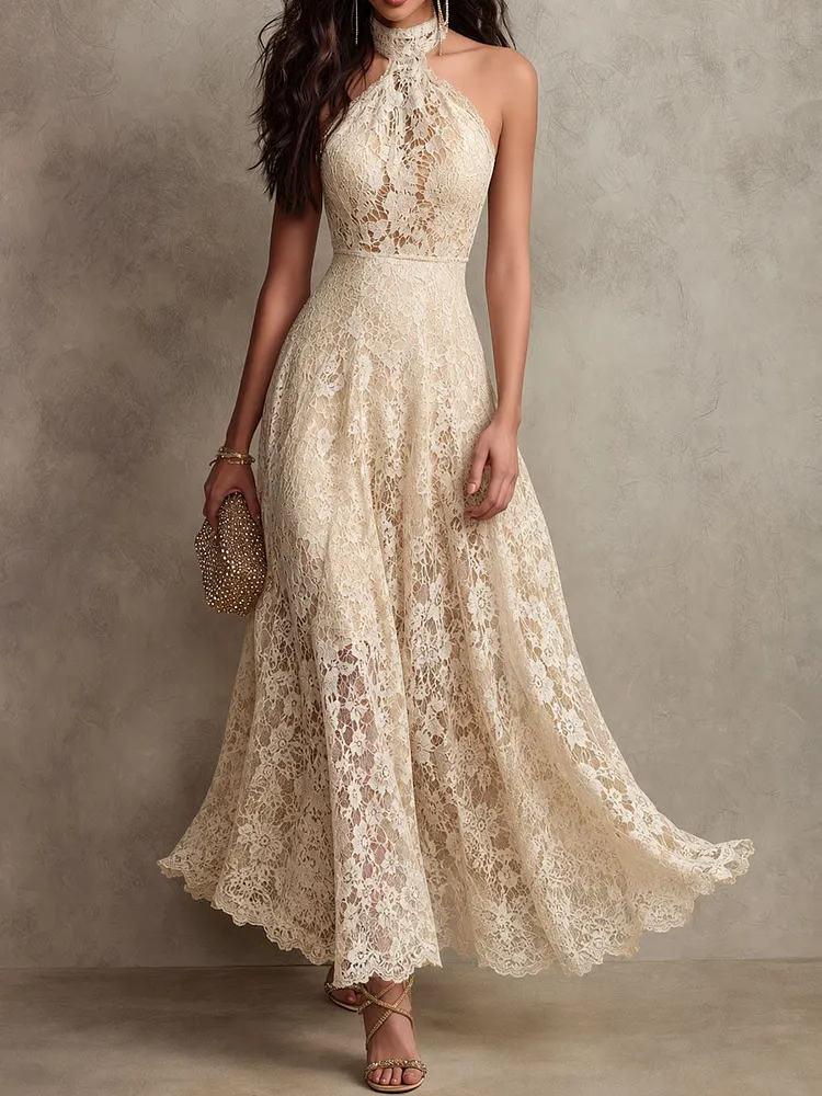 Retro Eelgant Ivory Lace Halter Evening Maxi Dress