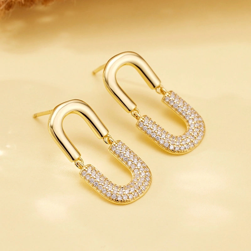 1 Pair 18K Gold Plated 925 Sterling Silver Zircon U Shape Ear Studs
