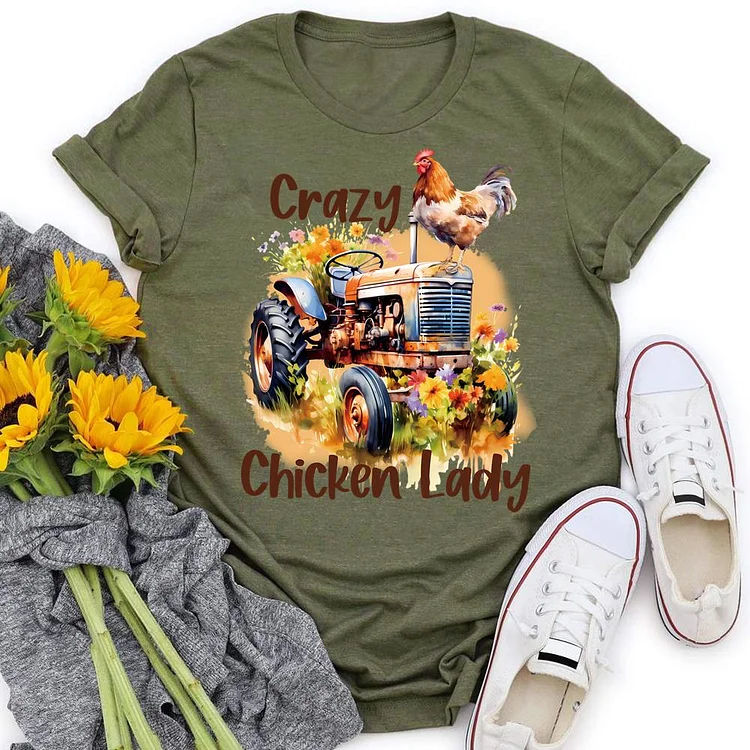 Farm Crazy Chicken Lady Round Neck T-shirt-0019129