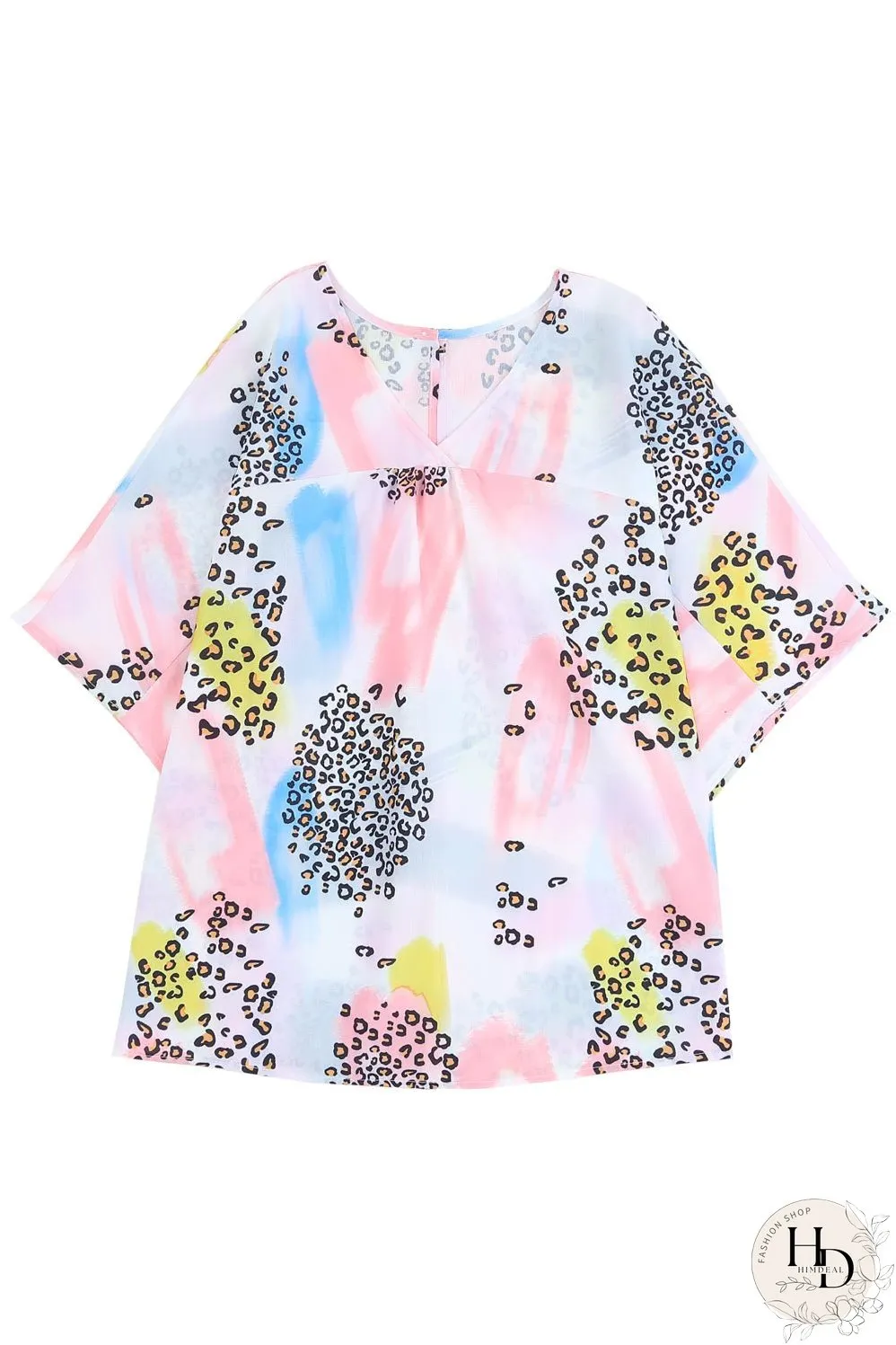 Whimsical Watercolor Animal Print V-Neck Blouse