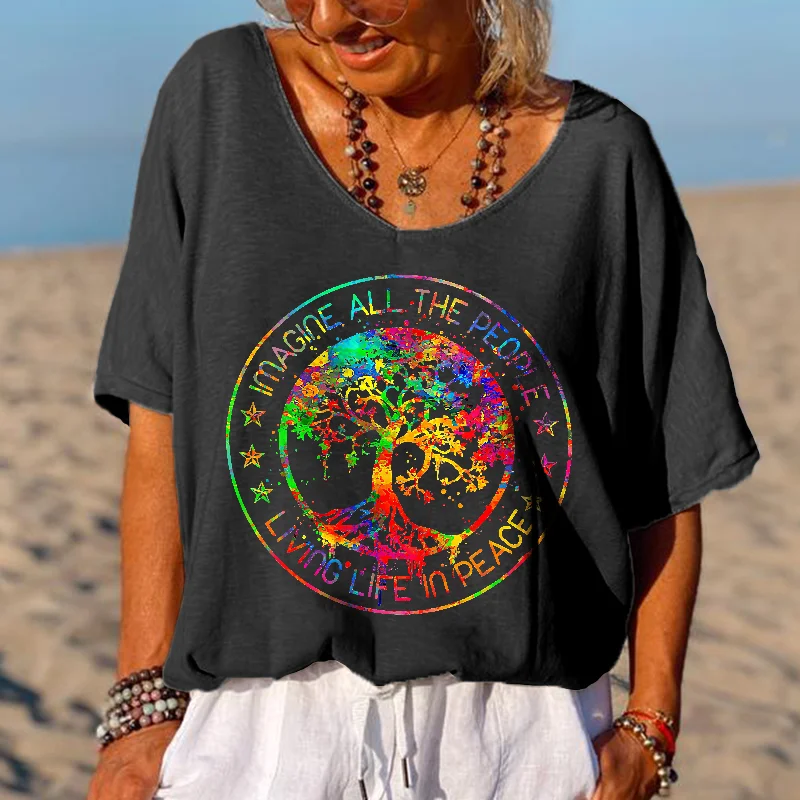 Imagine All The People Living Life In Peace Printed Hippie T-shirt