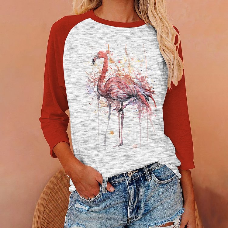 Comstylish Flamingo Print Panel Long Sleeve T-Shirt