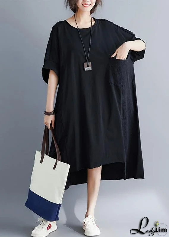Handmade Black Pockets Cotton Linen Summer Maxi Dress