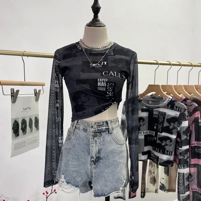 Churchf Real Shooting Front Double-Layer Tie-Dye Printing Mesh Long-Sleeved Top Short High-Waisted T-Shirt T-Shirt 8960