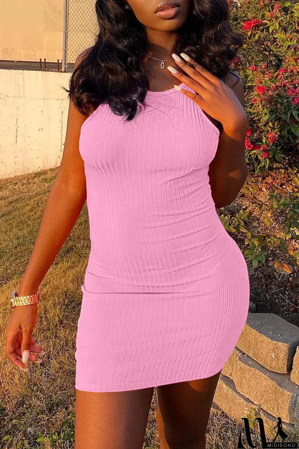 MidiSono - Pink Sexy Casual Solid Backless Spaghetti Strap Sleeveless Dress