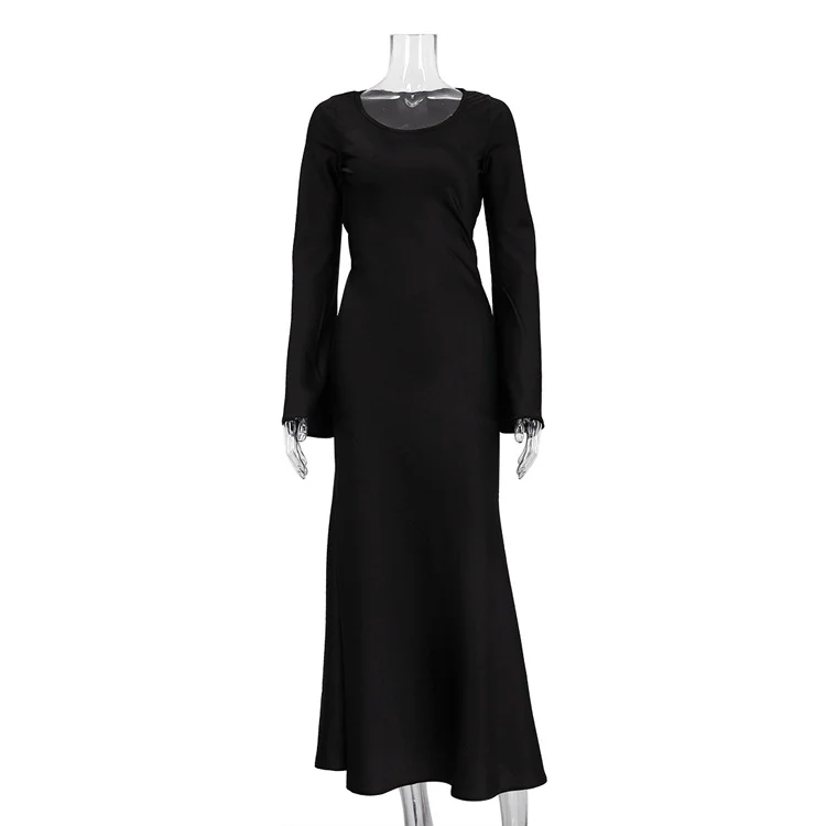 Ueong Ueong New Black Strap Slim Satin Dress Fall Women's Horn Sleeves Wrapped Hip Dress