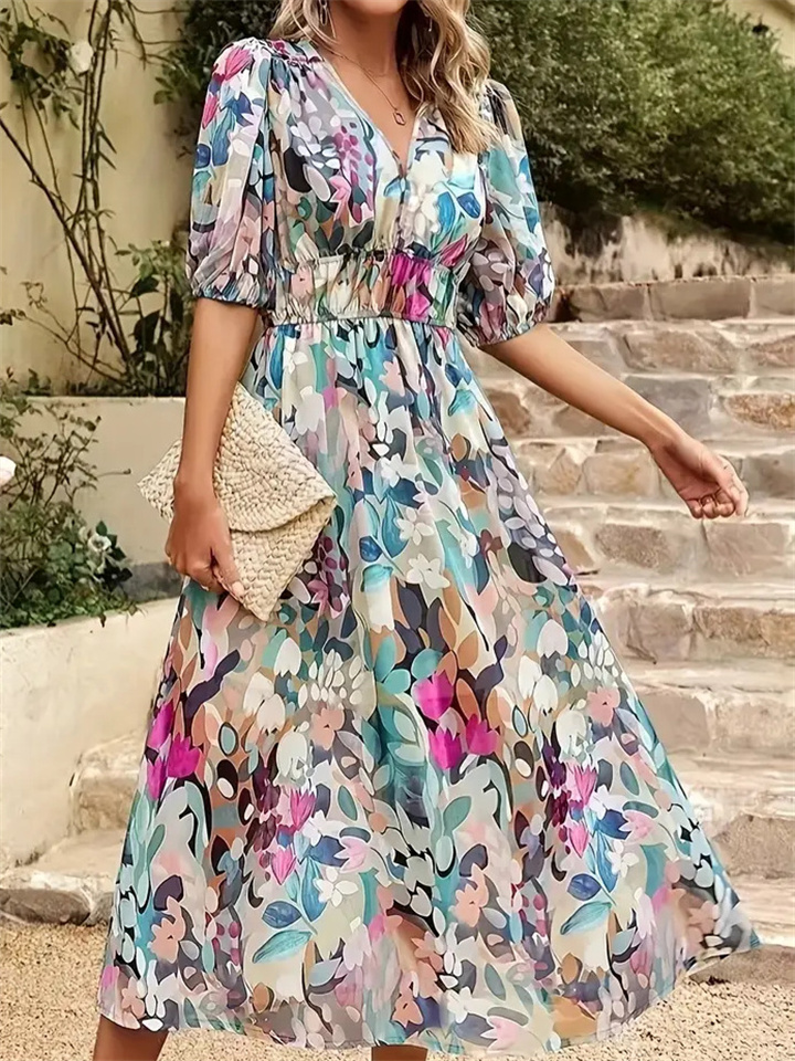 Women's Spring and Summer Explosive Models Floral Print V-neck Dress Exotic Vacation Style Dresses