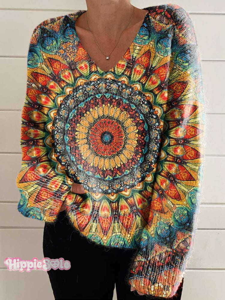 Women’s Retro Ethnic Totem Pattern Love And Peace Art Casual V-Neck Pullover Knit Multicolor / M