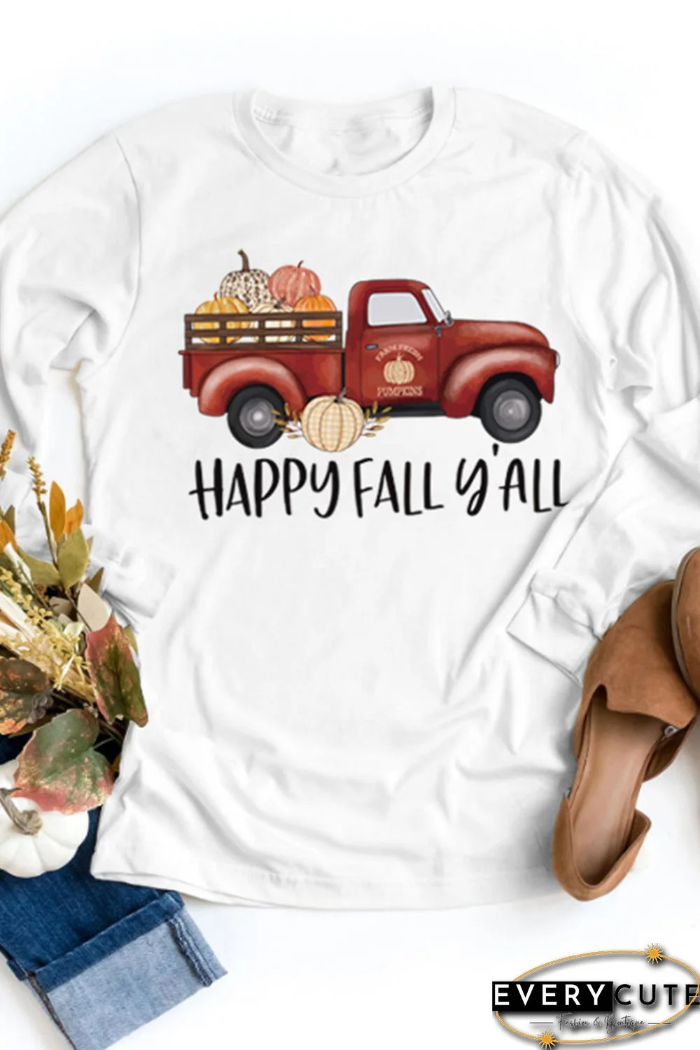 White Happy Fall Pumpkin Truck Graphic Long Sleeve Shirt