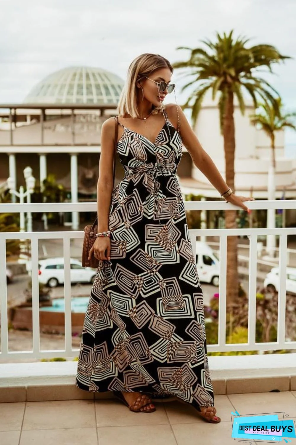V-Neck Sleeveless Sling Print Dress