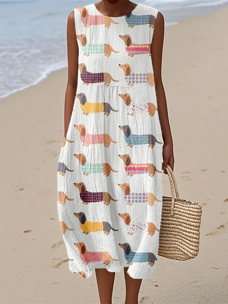 Cute Dachshund Print Cozy Linen Tank Dress