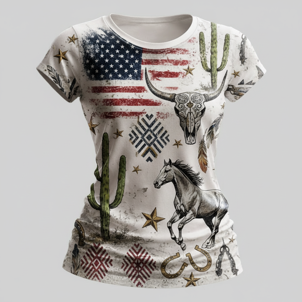 Women's Vintage American Flag 250th Anniversary Western Style Cowboy Short-Sleeve Crew Neck T-Shirt With Bull Head Skull - Helixace