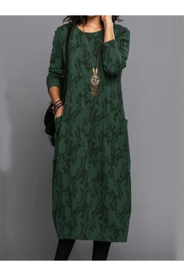  Casual Round Neck Solid Printed Long Sleeve Green Dresses