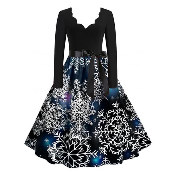 Women Christmas Dress Long SleeveV-Neck Print Vintage Flare Prom Dress,Robe de Noel Femme - Shop Trendy Women's Fashion | TeeYours