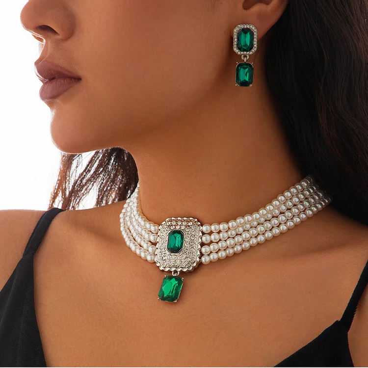 Elegant Rhinestone Beaded Multi-Layer Necklace & Earrings 2Pcs Set