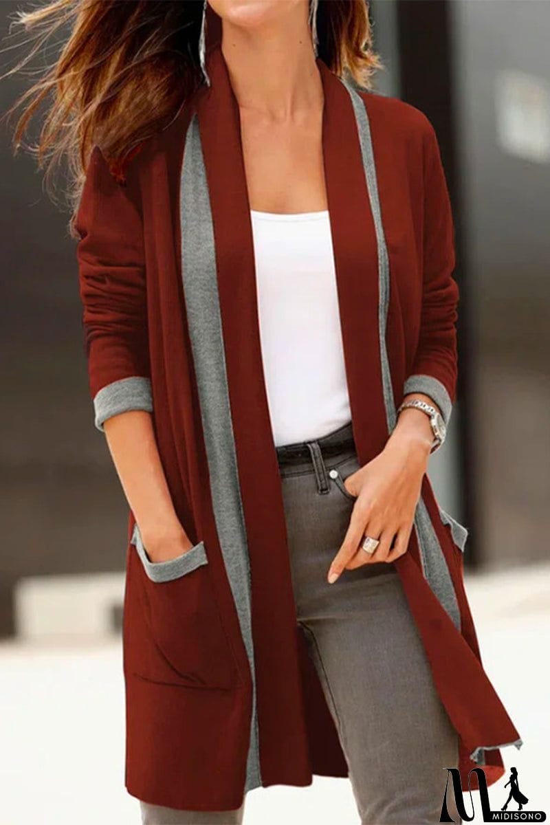 MidiSono - Casual Street Color Block Contrast Cardigan Collar Tops