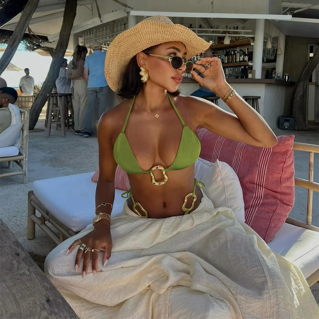 Uveng Small Fresh Solid Three-Point Bikini Sexy Dew-Back With Split Swimsuit Woman 2025 New Swimsuit