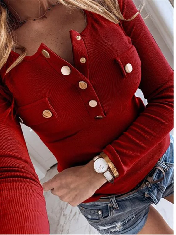 Women Long Sleeve Scoop Neck Button Lace Top