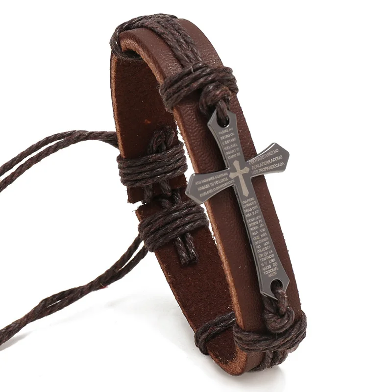 Vintage Scripture Cross Faux Leather Charm Bracelet