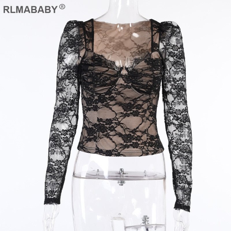 Fashion Spring Summer Women Bustier Lace Tshirts V Neck Long Sleeve Transparent Office Lady Top Sexy Elegant High Street T-shirt