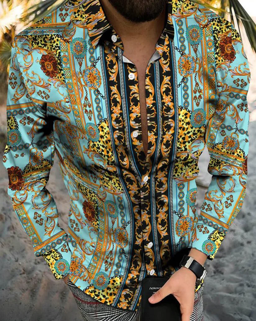 Suitmens Men's Baroque Print Long Sleeve Shirt 018