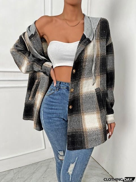 Plaid Drawstring Hooded Jacket