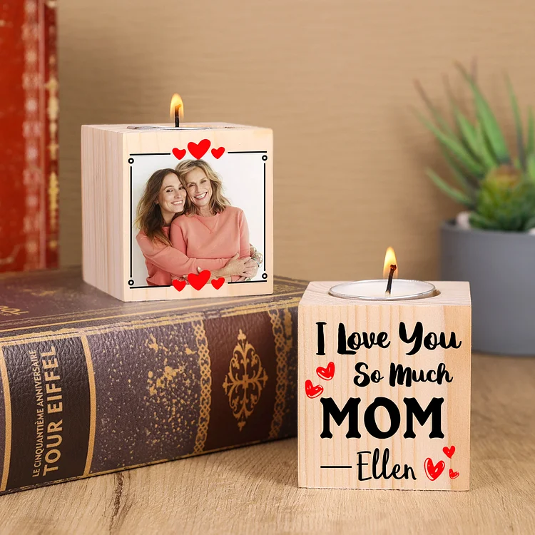 Personalized Photo Block Candle Holder I Love You So Much Wooden Candlesticks for Mother
