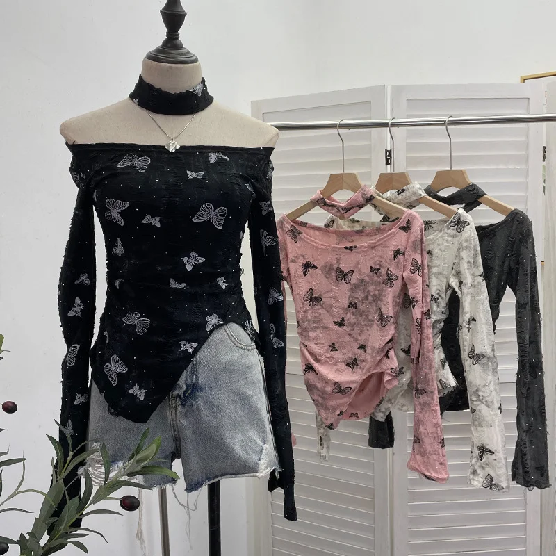 Brownm Pink Butterfly Hanging Neck To Make Old Hole Long-Sleeved T-Shirt Hottie Slanted Shoulder Slim Short Blouse 8002