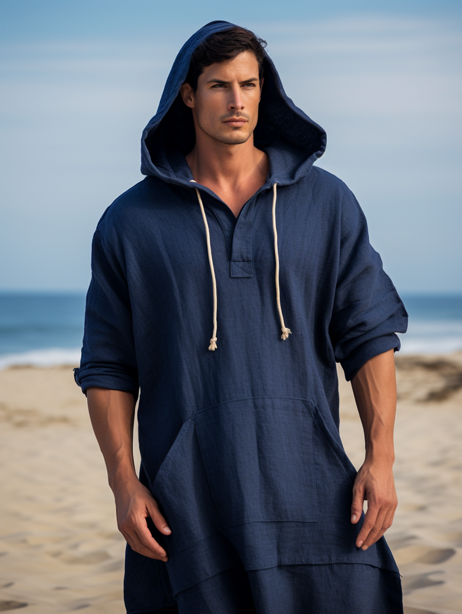 Navy Men Linen Hoodie Kaftan Solid Long Caftan