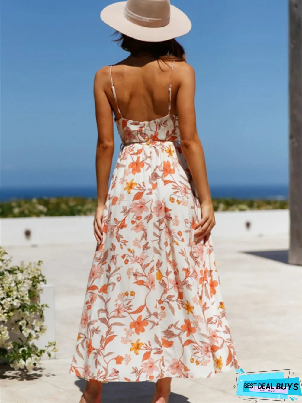 Women's New V-Neck Sling Printed Beach Dress White Dresses