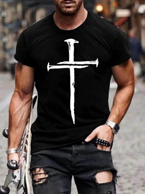 Men's Cross Print Jesus Christian Casual T-shirt