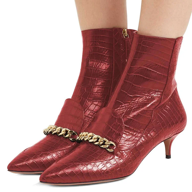 Red Kitten Heel Boots Pointy Toe Chains Ankle Boots |FSJ Shoes