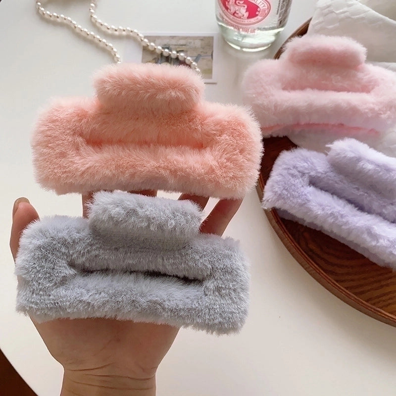 Colorful Large Plush Rectangular Hair Clip Female Back Head Updo Clip Gentle Temperament Shark Clip Hairpin Headdress