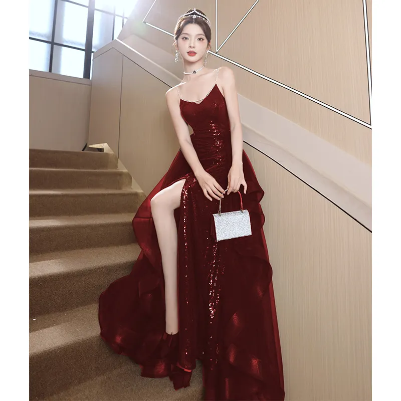 Brownm Hanging Toasting Bride High Feeling Light Luxury Small High-End Wedding Dinner Wine Red Engagement Evening Dress Dress Girl