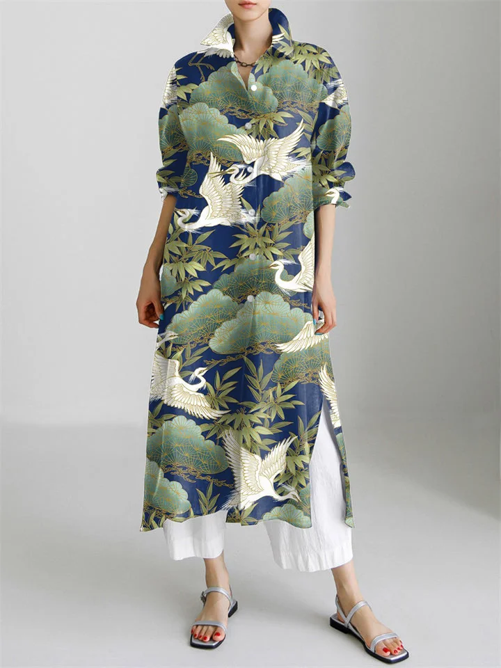 Crane & Pine Japanese Pattern Long Sleeve Slit Shirt Dress