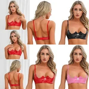pornhint Pornhint Women's Patent Leather Cupless Bra Tops V-notch Underwired Bralette Crop Tops