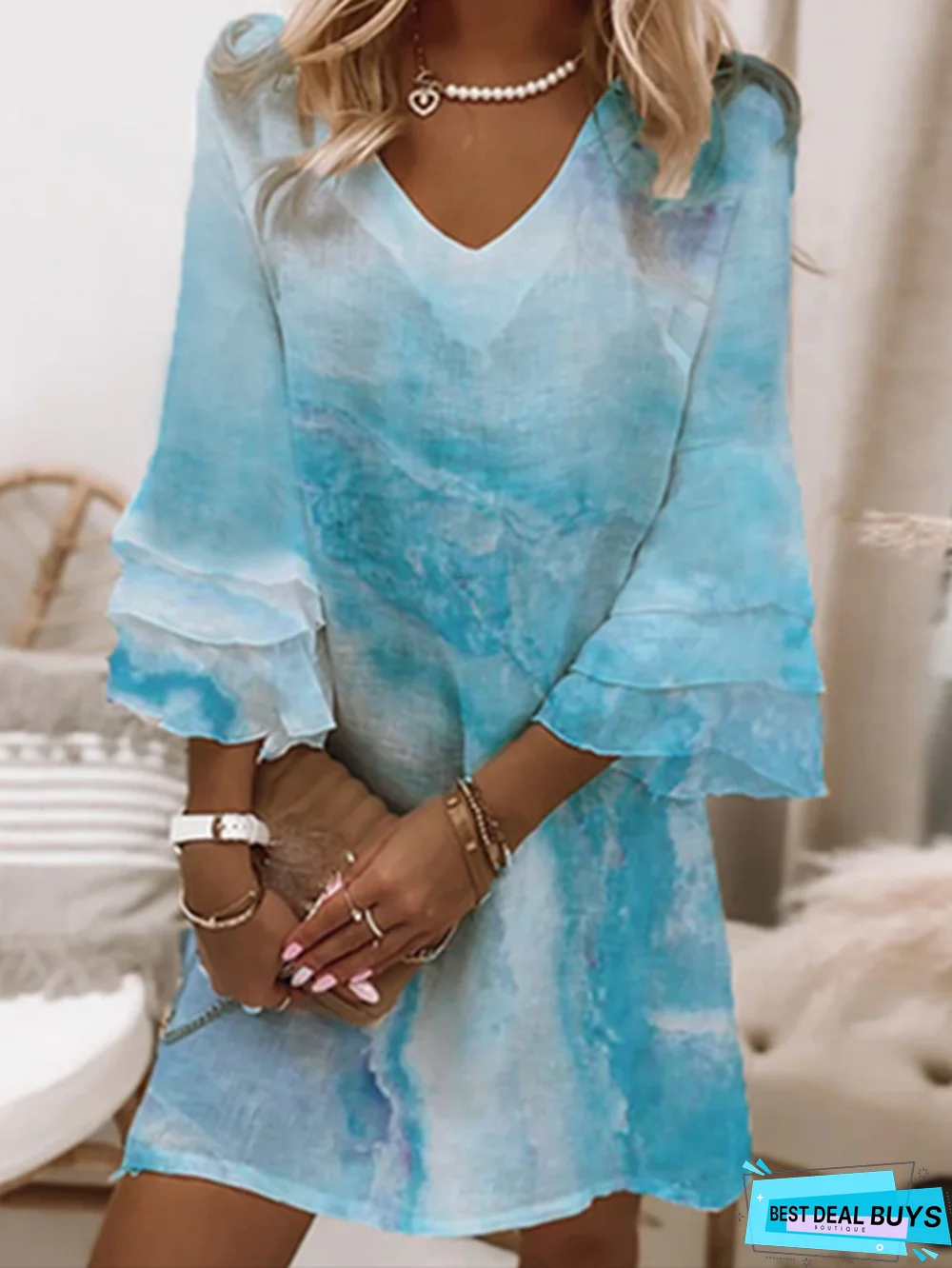 Casual V neck Printed Three Quarter Woven Tunic Dress