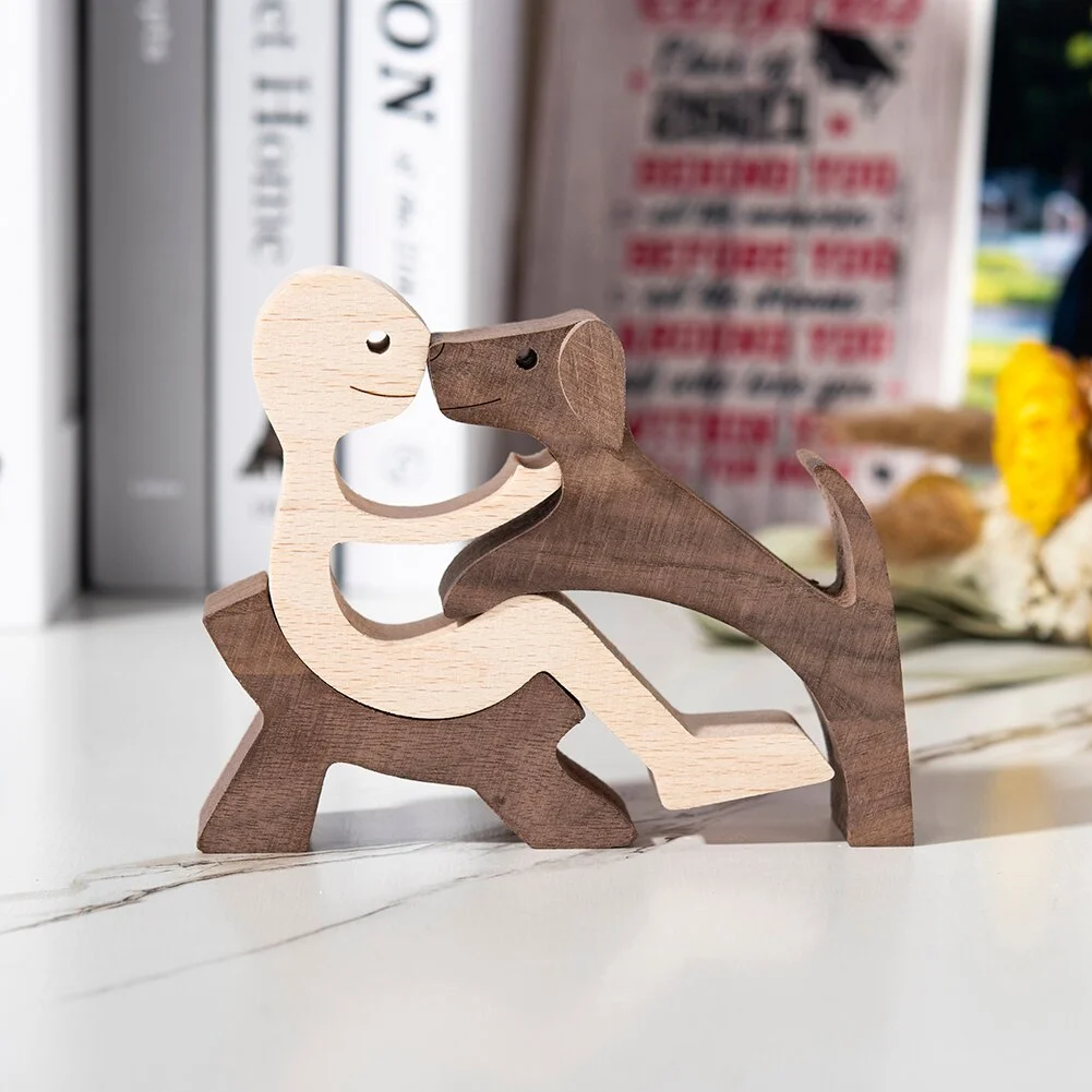 Wood Puppy Family Table Figurin Decor Ornaments Wooden Dog Craft Statue Home Decoration Cute Human and Pets Sculpture Craft Gift
