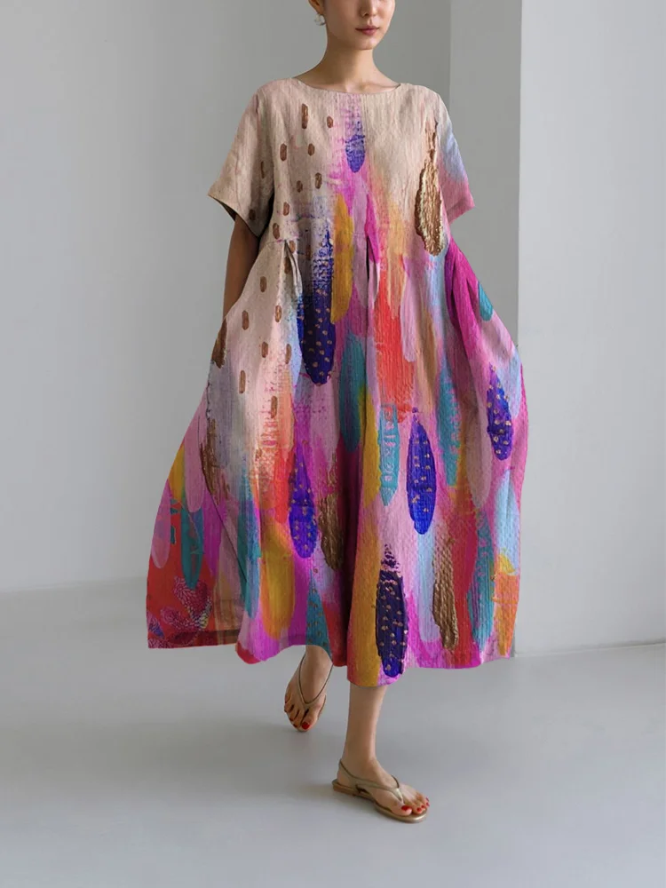 Women's Art Print Loose Round Neck Medium Length Skirt Dress