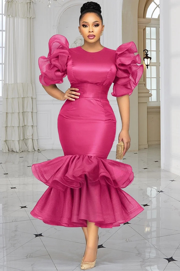Xpluswear Design Plus Size Wedding Guest Tulle Hot Pink Round Neck Short Sleeve Ruffle Tiered Satin Midi Dresses 2024 - Xpluswear