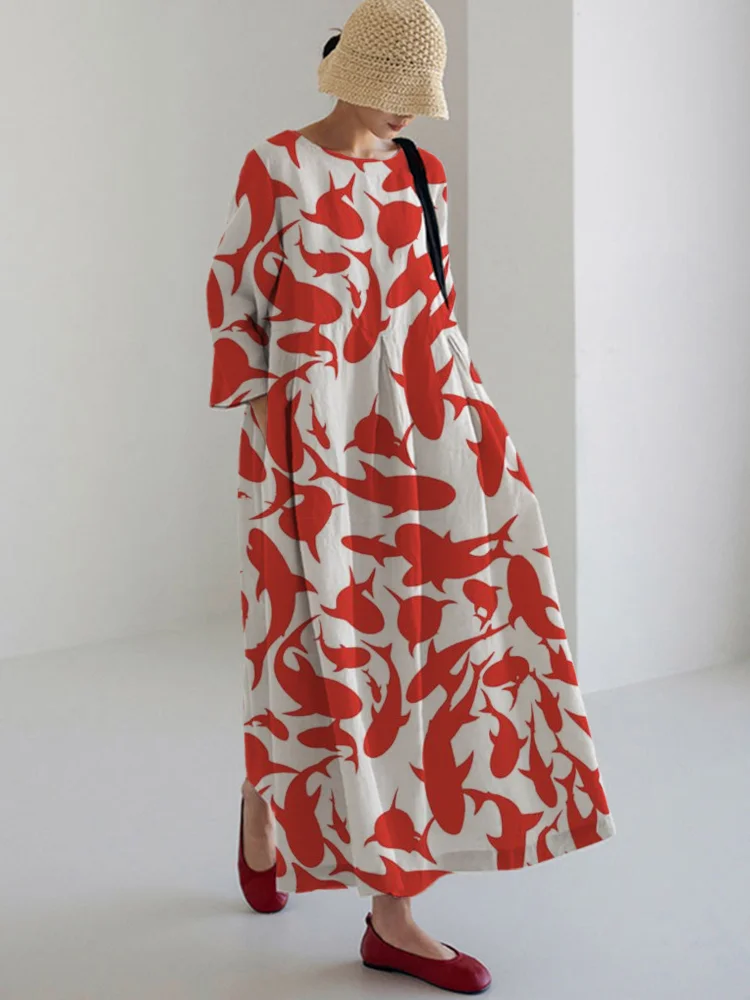 Women's Casual Art Fish Print Long Sleeve Midi Dress