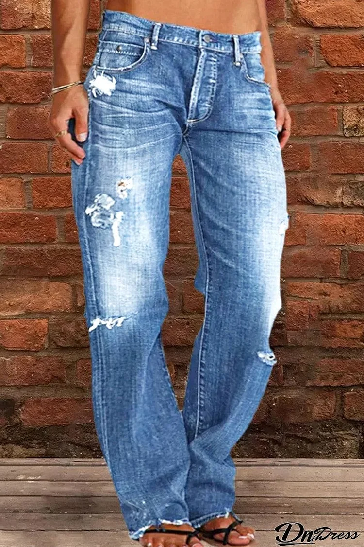 Casual Street Patchwork Ripped Straight Denim Jeans