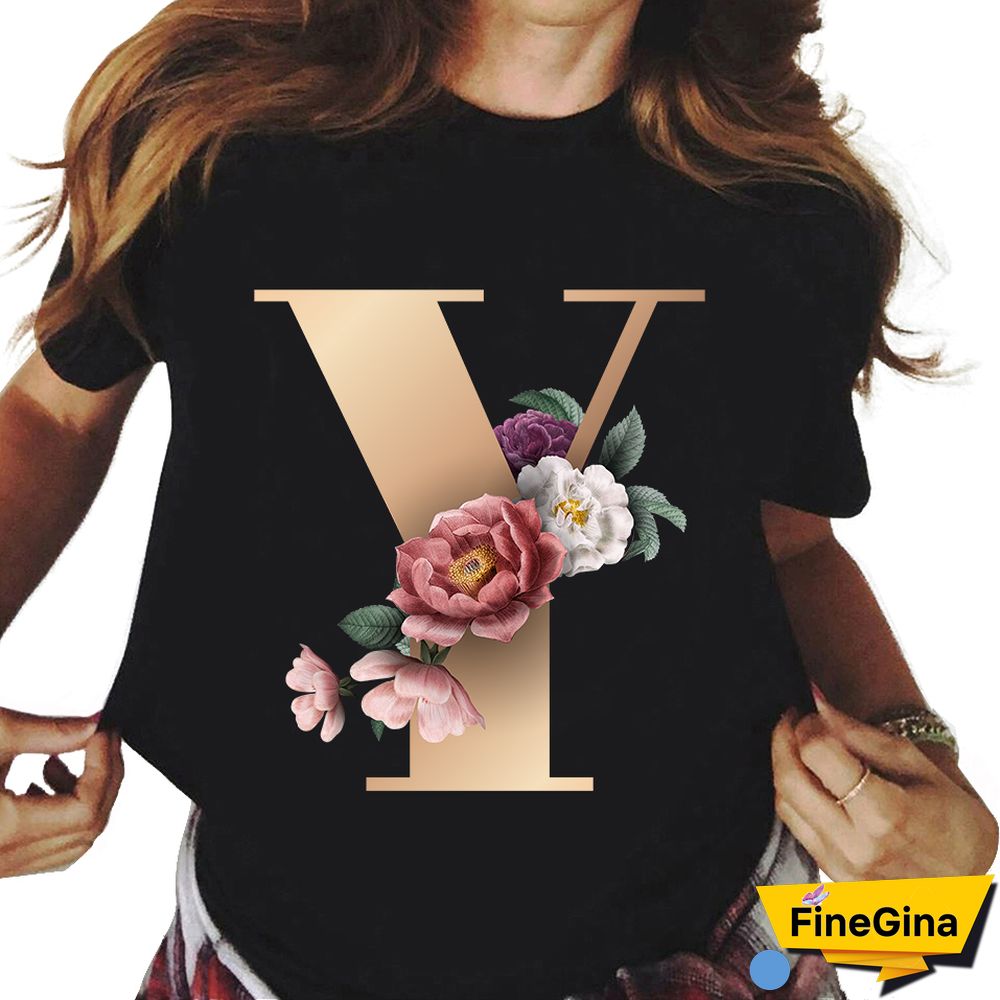 Custom Name Letter Combination T-shirt 26 FloralAlphabetFontClassicTShirt Fashion Harajuku Kawaii TShirt Women Top Tees