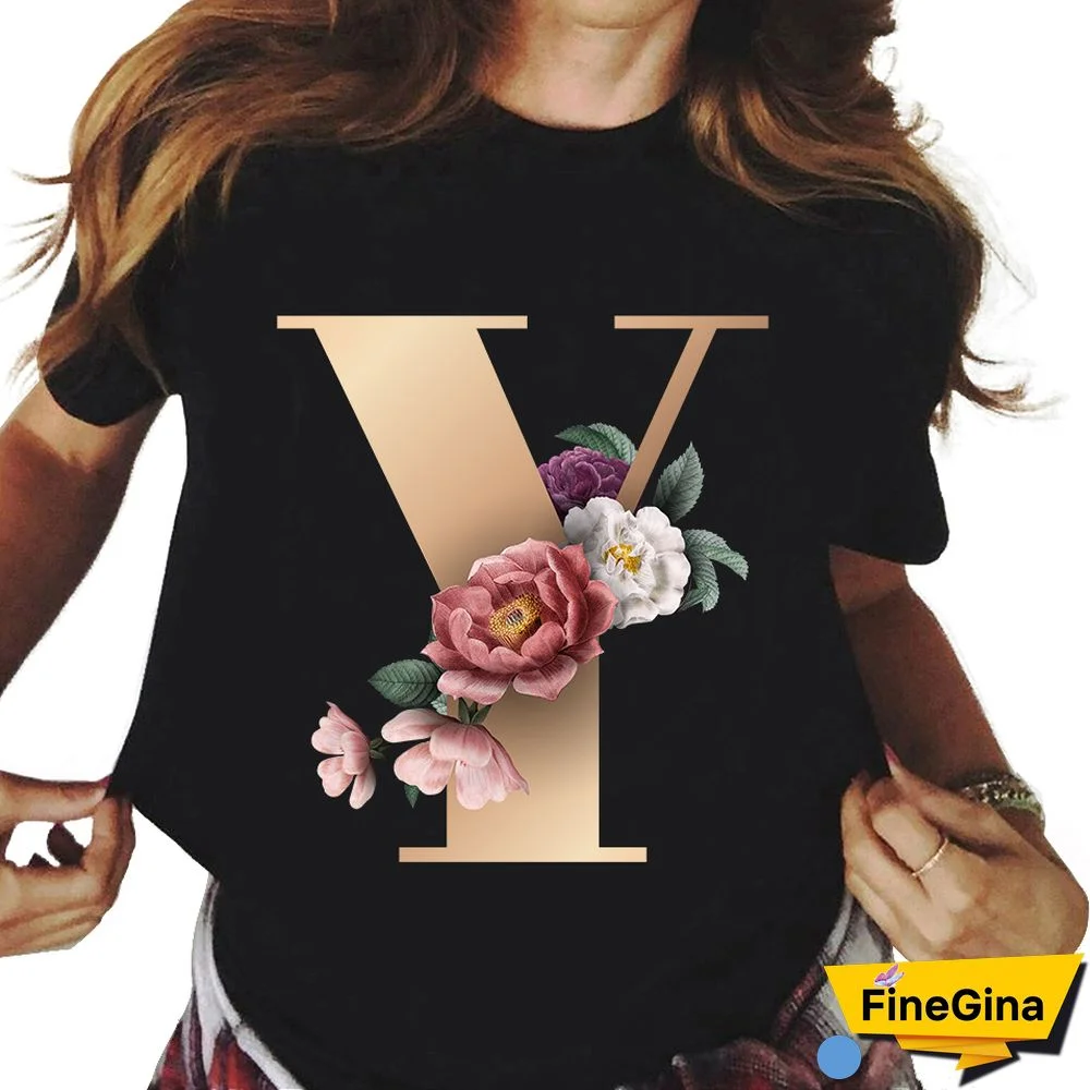 Custom Name Letter Combination T-shirt 26 FloralAlphabetFontClassicTShirt Fashion Harajuku Kawaii TShirt Women Top Tees