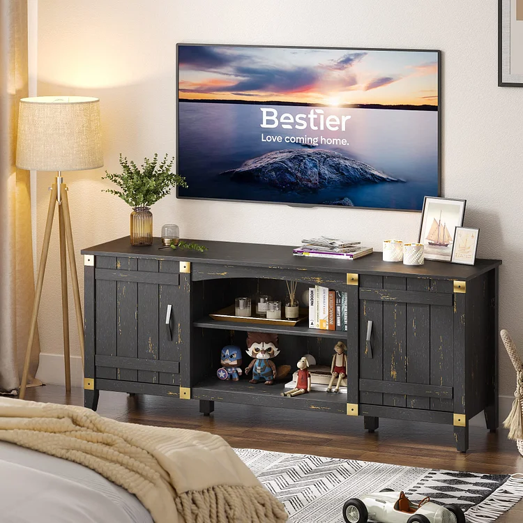 Bestier Farmhouse TV Stand for 65 inch TV Entertainment Center with Barn Door for Living Room Cord Management Golden Black