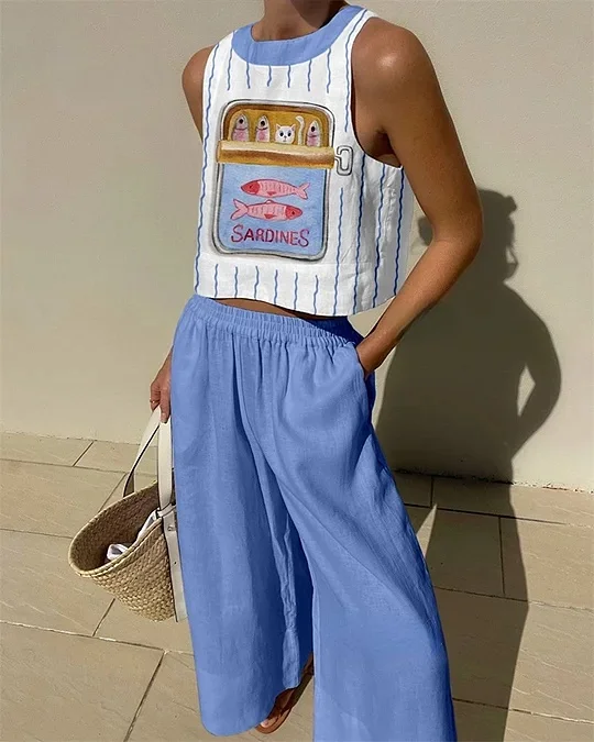 Sardine Cat Print Top & Pants Two-Piece Set