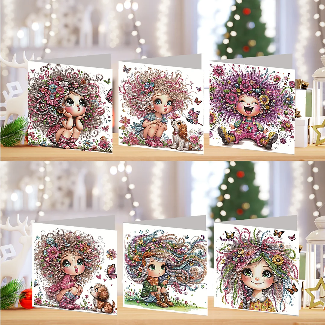 6pcs Girl DIY Diamond Art Greeting Cards Thank You Cards and Holiday Blessings(Blank Inside)