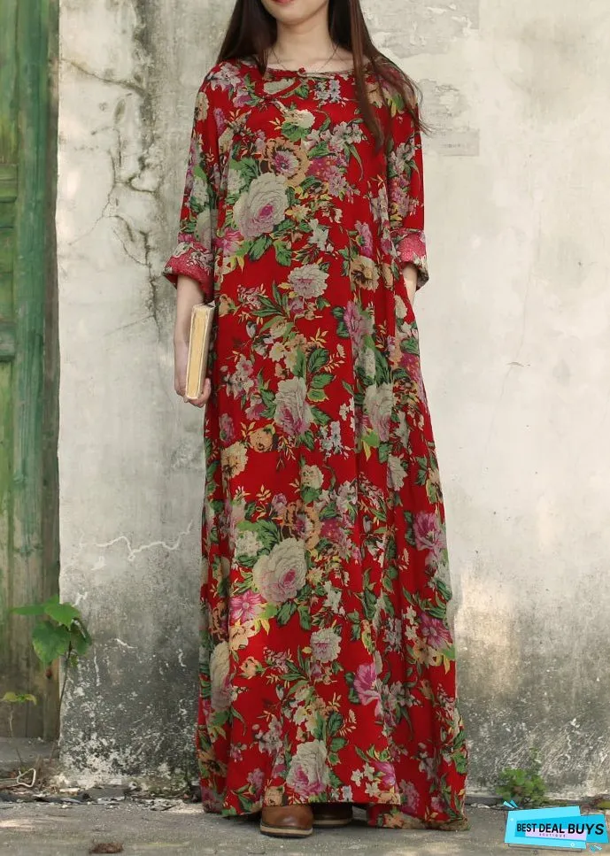 Vintage Dark Red O-Neck Pocket Print Cotton Long Dresses Long Sleeve (Limited Stock)