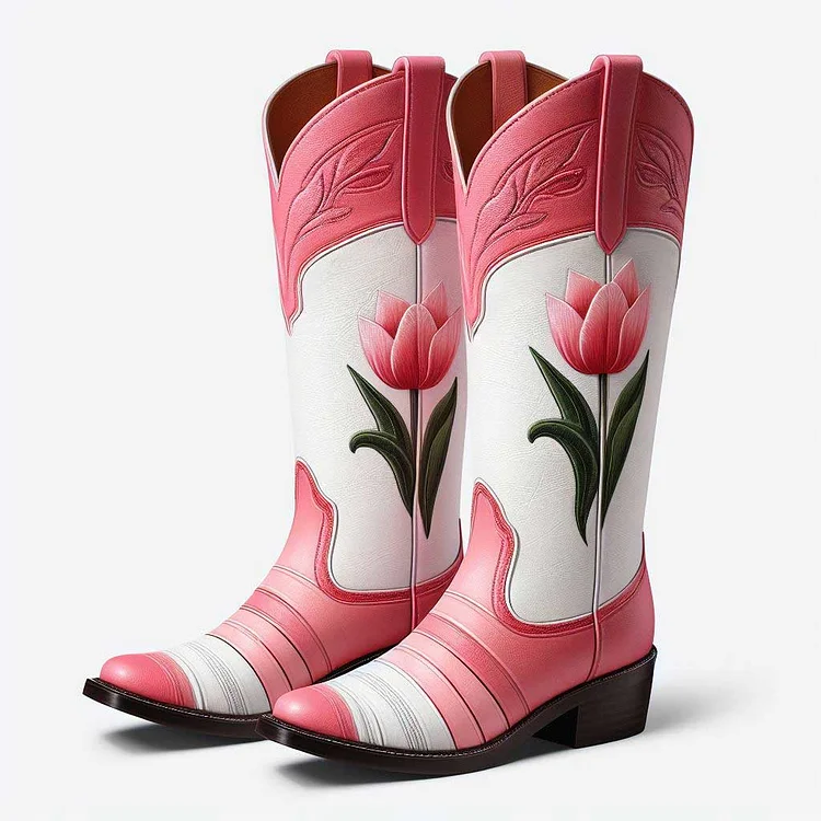 Pink & White Upper Stripes Tulip Chunky Heel Cowboy Boots for Women |FSJ Shoes