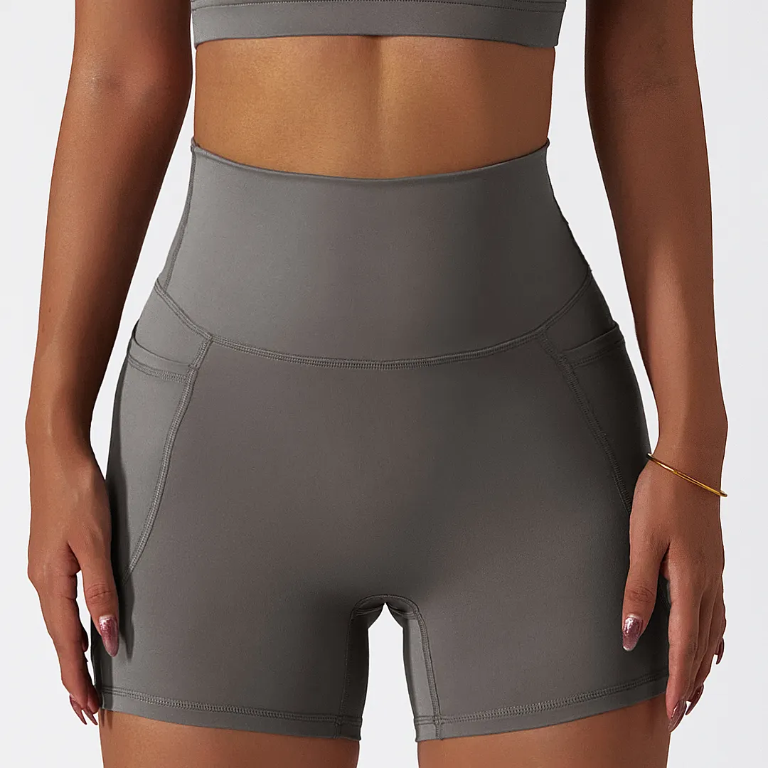 Shop Gray ice silk cloud feeling no front seam yoga biker shorts with side pockets online on Hergymclothing
